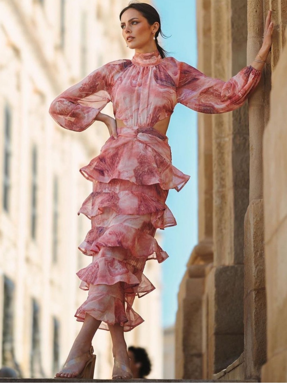 ELLIATT Memories Tiered Ruffle Cutout Maxi Dress Pink Marble Print XXS